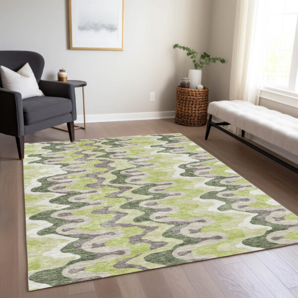 3' X 5' Artichoke Green Green And Ivory Abstract Washable Indoor Outdoor Area Rug