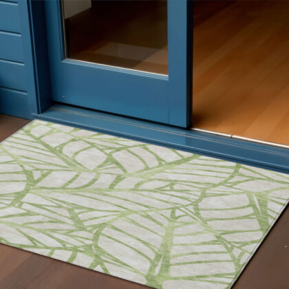 3' X 5' Artichoke Green And Beige Floral Washable Indoor Outdoor Area Rug