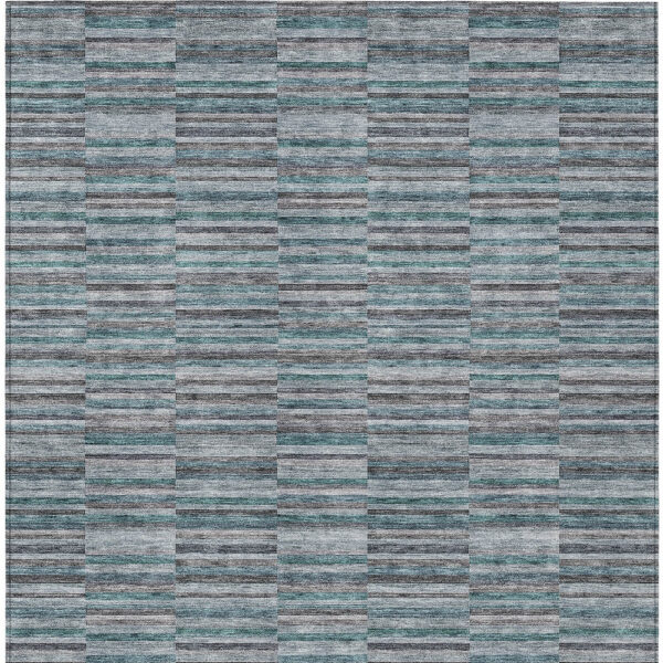 8' X 10' Teal Blue Aqua And Gray Striped Washable Indoor Outdoor Area Rug