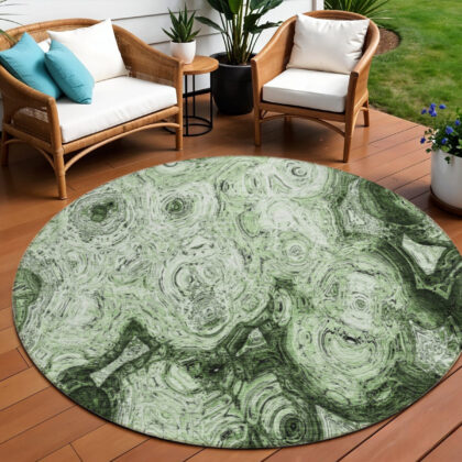 8' Artichoke Green And Emerald Round Abstract Washable Indoor Outdoor Area Rug