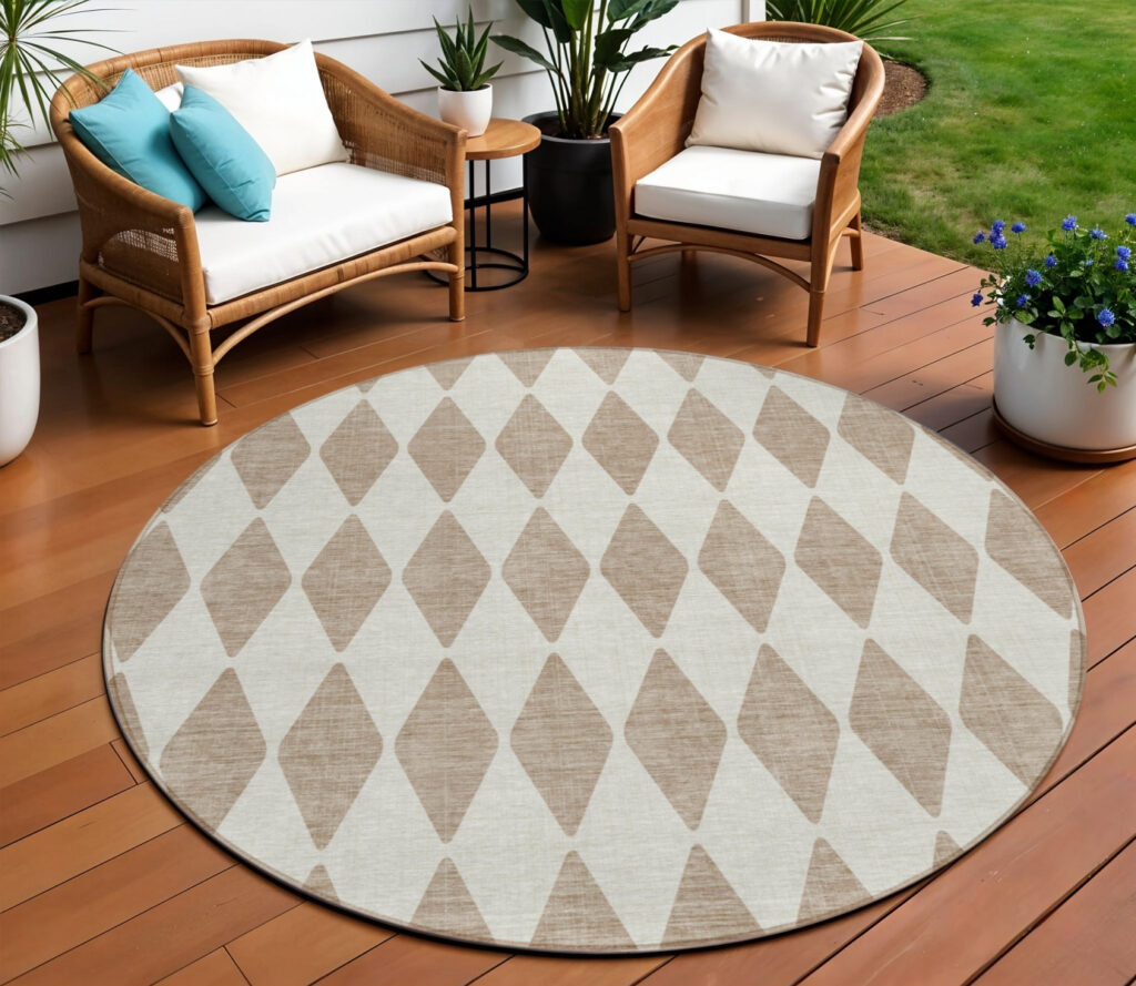 8' Taupe And Ivory Round Geometric Washable Indoor Outdoor Area Rug