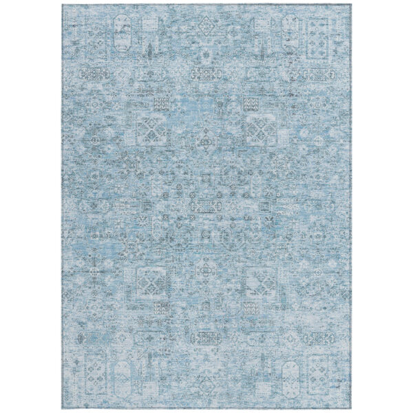 8' X 10' Sky Blue And Denim Blue Floral Washable Indoor Outdoor Area Rug