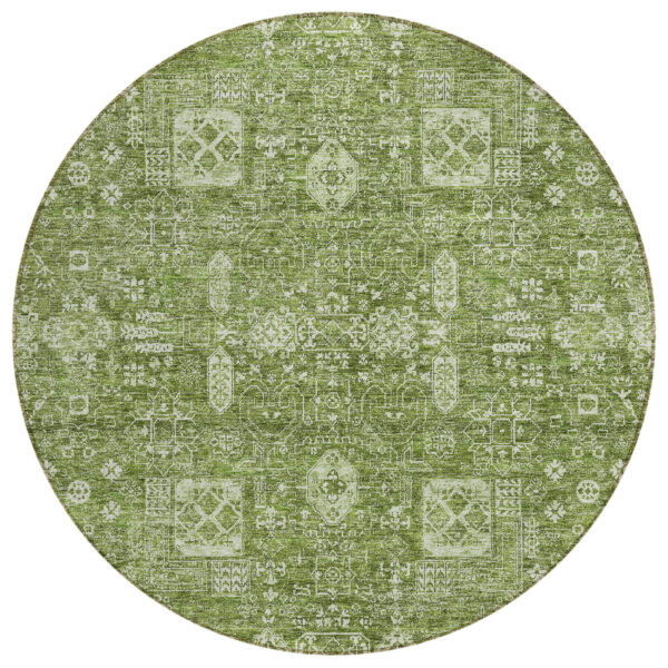 8' Artichoke Green And Ivory Round Oriental Washable Indoor Outdoor Area Rug