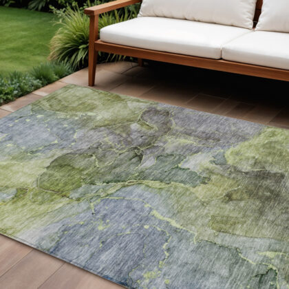 10' X 14' Olive Green And Gray Abstract Washable Indoor Outdoor Area Rug
