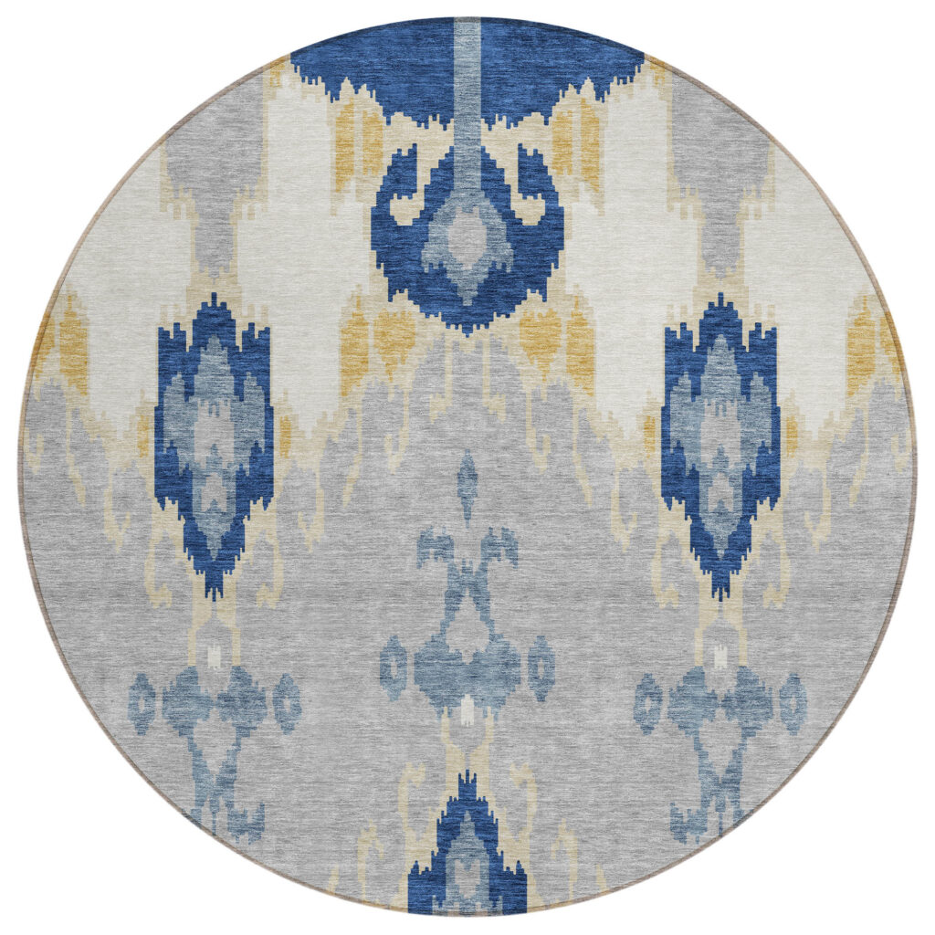8' Navy Blue Ivory And Gray Round Ikat Washable Indoor Outdoor Area Rug