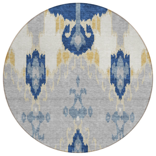 8' Navy Blue Ivory And Gray Round Ikat Washable Indoor Outdoor Area Rug