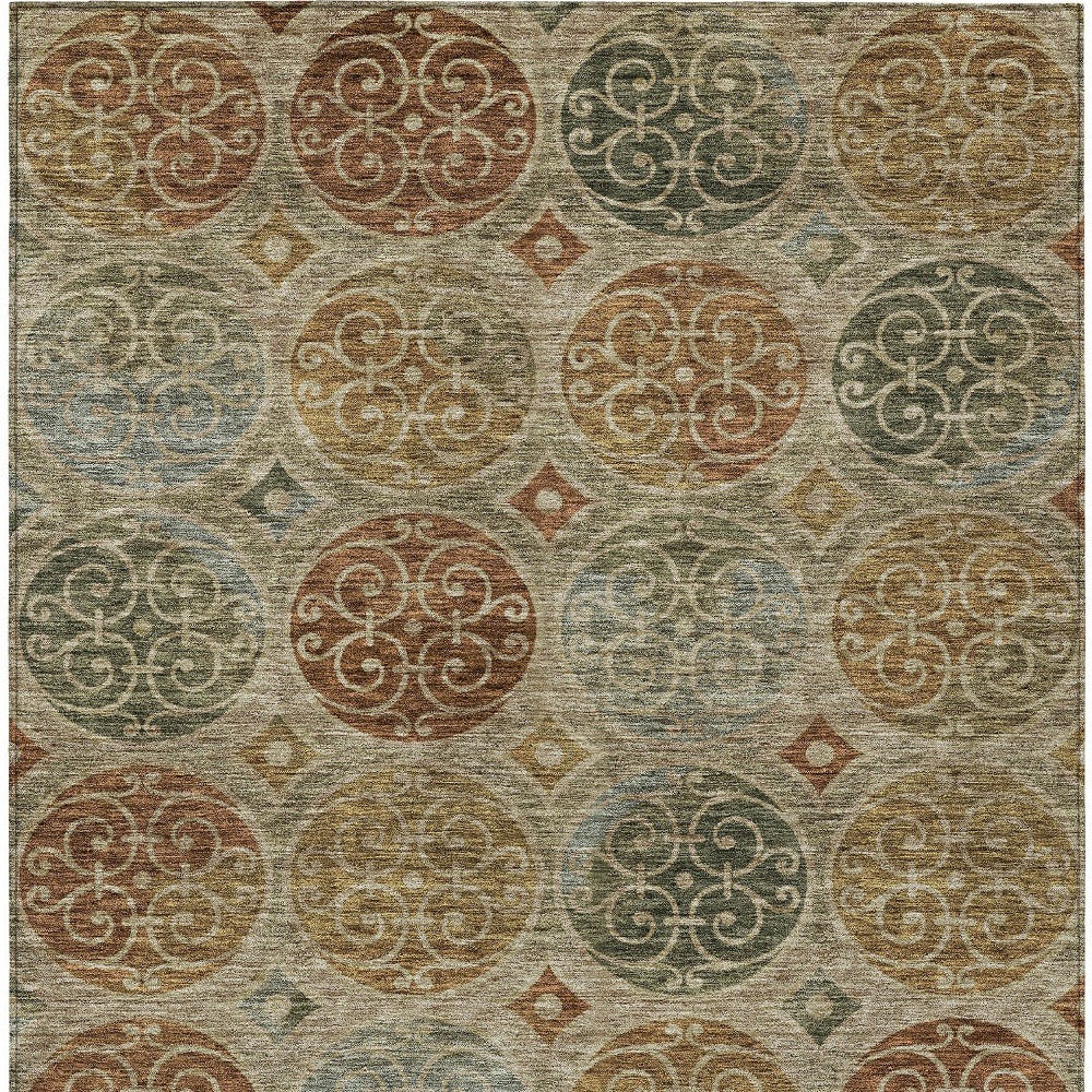 9' X 12' Taupe Green And Gold Trellis Washable Indoor Outdoor Area Rug