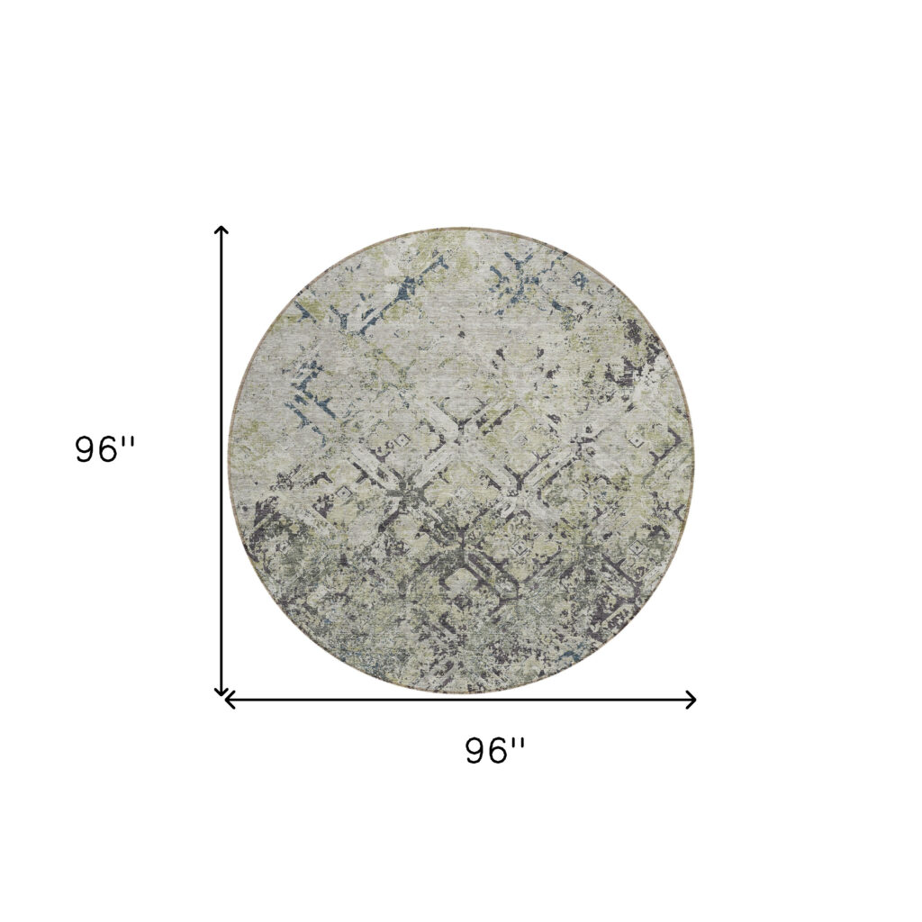 8' Silver Gray And Charcoal Round Geometric Washable Indoor Outdoor Area Rug