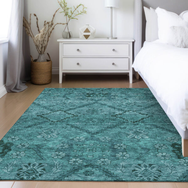 9' X 12' Teal Blue And Aqua Floral Washable Indoor Outdoor Area Rug