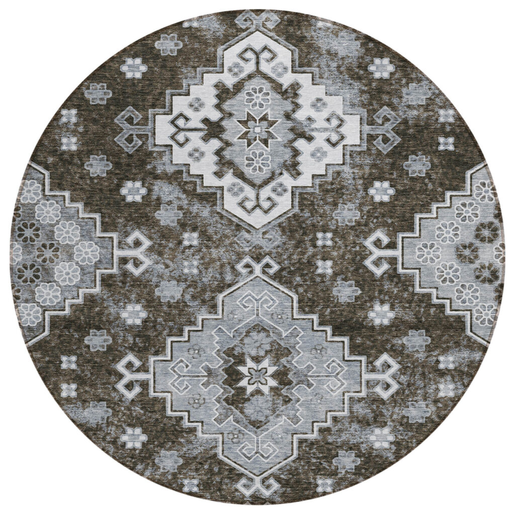 8' Brown And Gray Round Medallion Washable Indoor Outdoor Area Rug