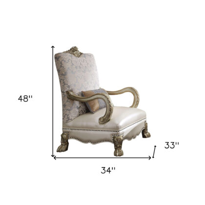 34" Pearl and Gold Faux Leather Damask Arm Chair