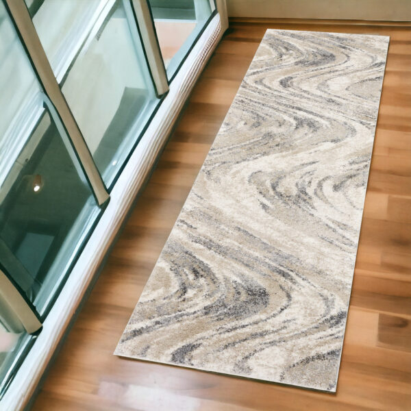 7' Natural Beige Machine Woven Abstract Waves Indoor Runner Rug