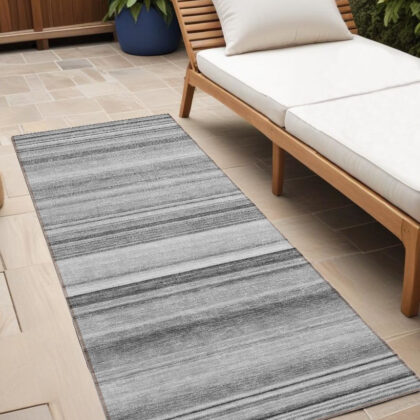 8' Runner Gray Striped Washable Non Skid Indoor Outdoor Runner Rug