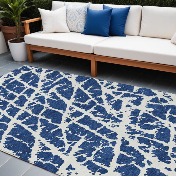 9' X 12' Blue and White Abstract Washable Non Skid Indoor Outdoor Area Rug