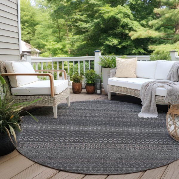 8' Round Gray Round Striped Washable Non Skid Indoor Outdoor Area Rug