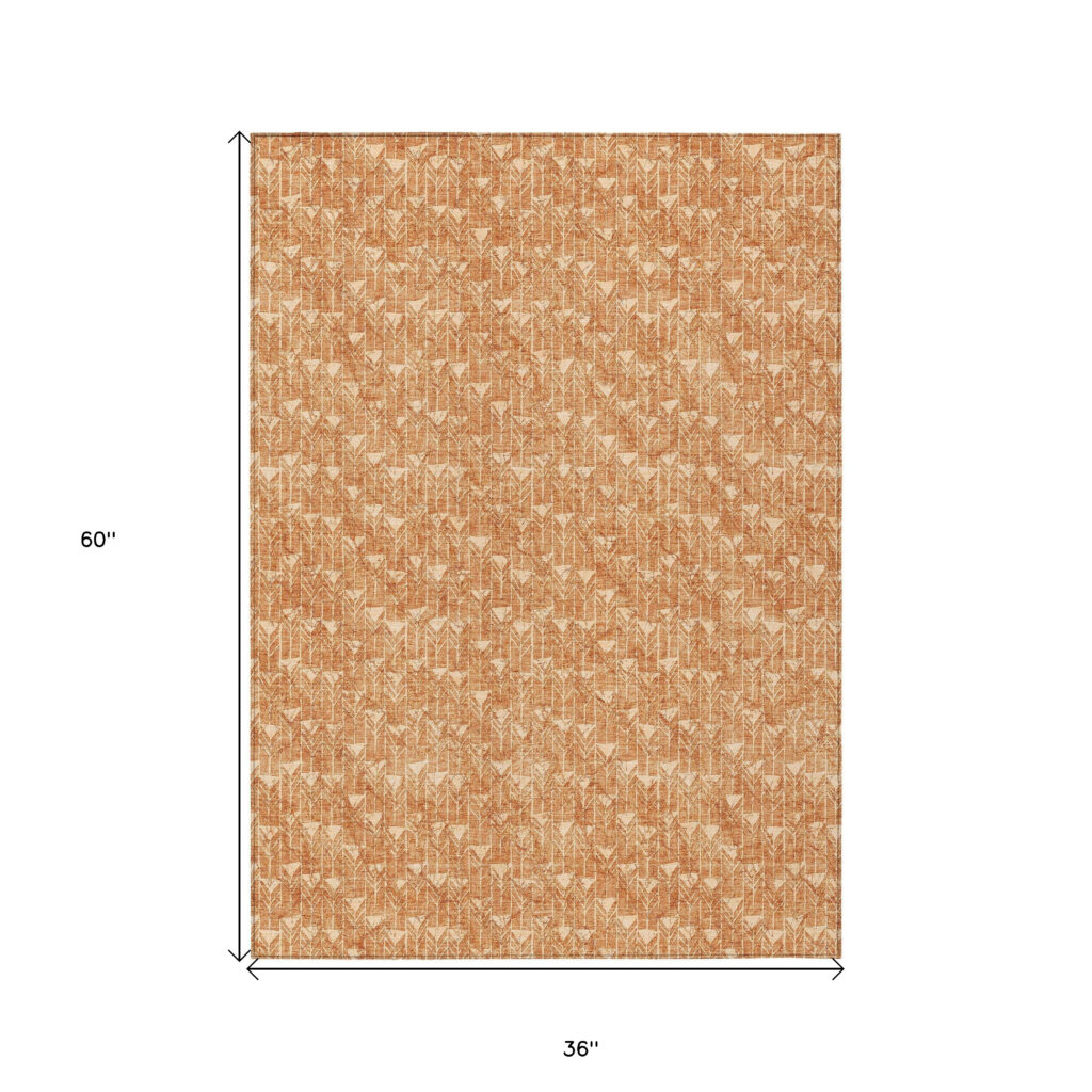 3' X 5' Bronze Geometric Washable Non Skid Indoor Outdoor Area Rug