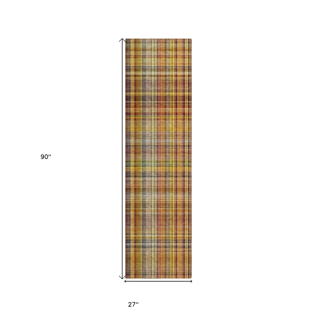 8' Runner Orange Plaid Washable Non Skid Indoor Outdoor Runner Rug