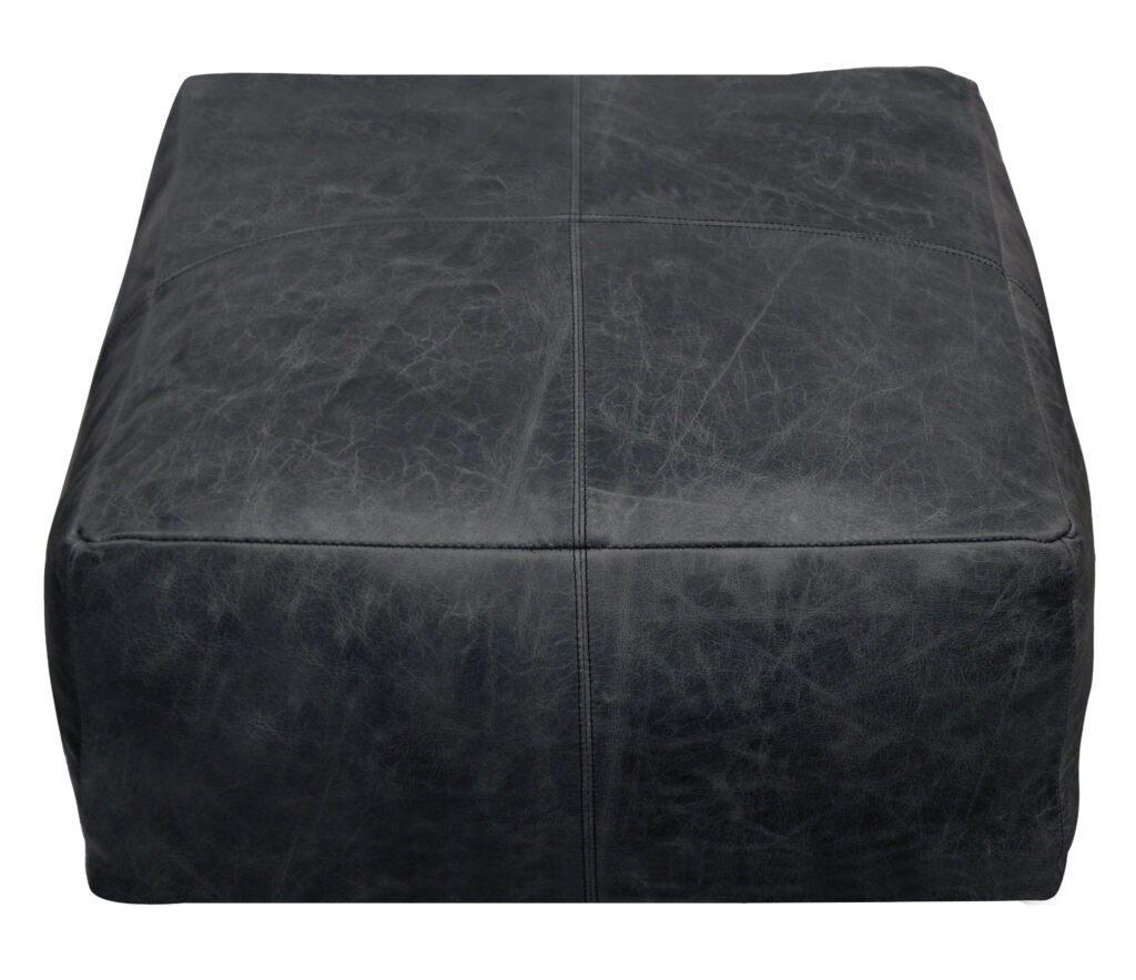 22" Black Distressed Leather Pouf Ottoman
