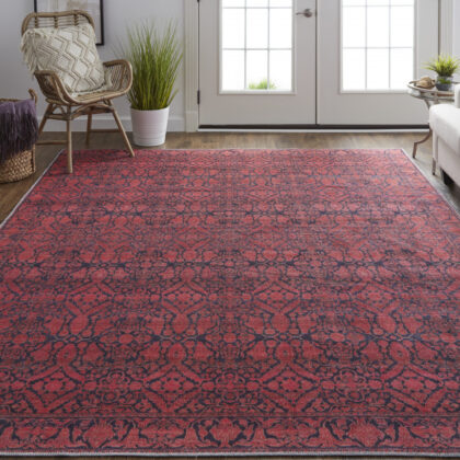 2' X 3' Red And Black Floral Power Loom Area Rug