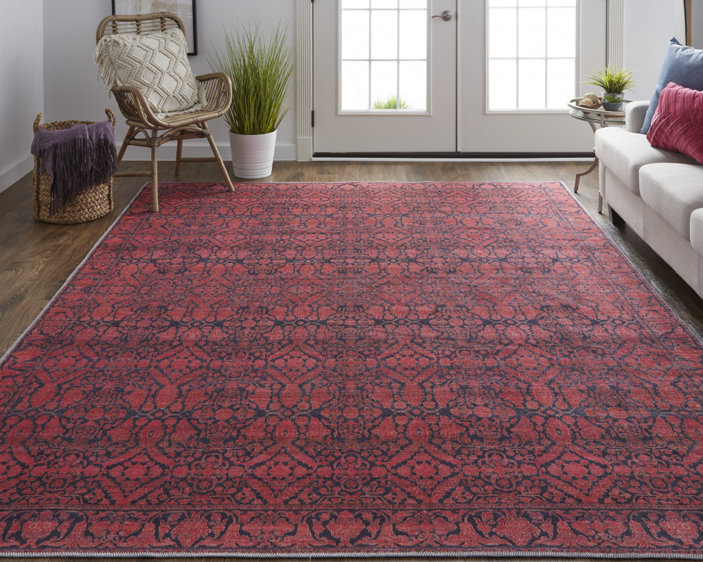 2' X 3' Red And Black Floral Power Loom Area Rug