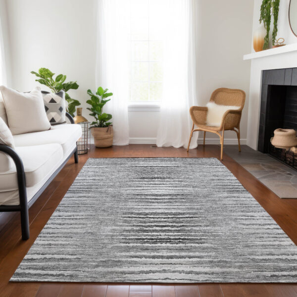 9' X 12' Silver Gray And Charcoal Striped Washable Indoor Outdoor Area Rug