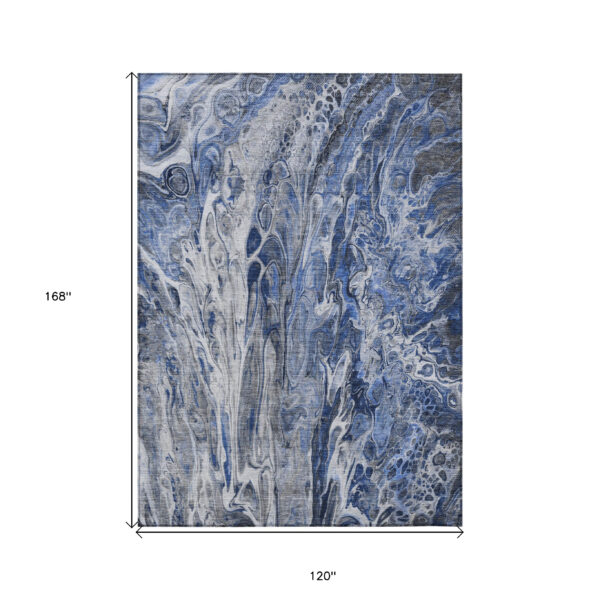 10' X 14' Denim Blue And Navy Blue Abstract Washable Indoor Outdoor Area Rug
