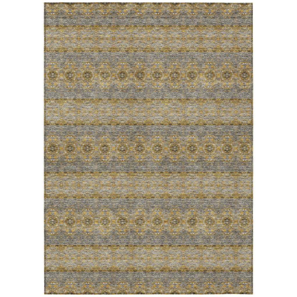 10' X 14' Gold Gray And Silver Floral Medallion Washable Indoor Outdoor Area Rug