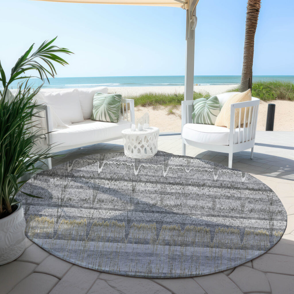 8' Gray Silver And Charcoal Round Striped Washable Indoor Outdoor Area Rug