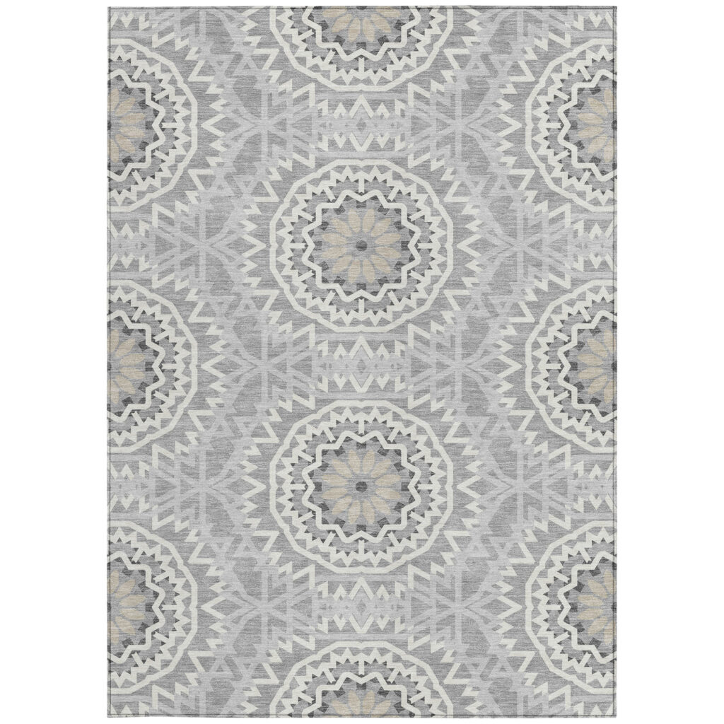 10' X 14' Gray Silver And Ivory Floral Medallion Washable Indoor Outdoor Area Rug