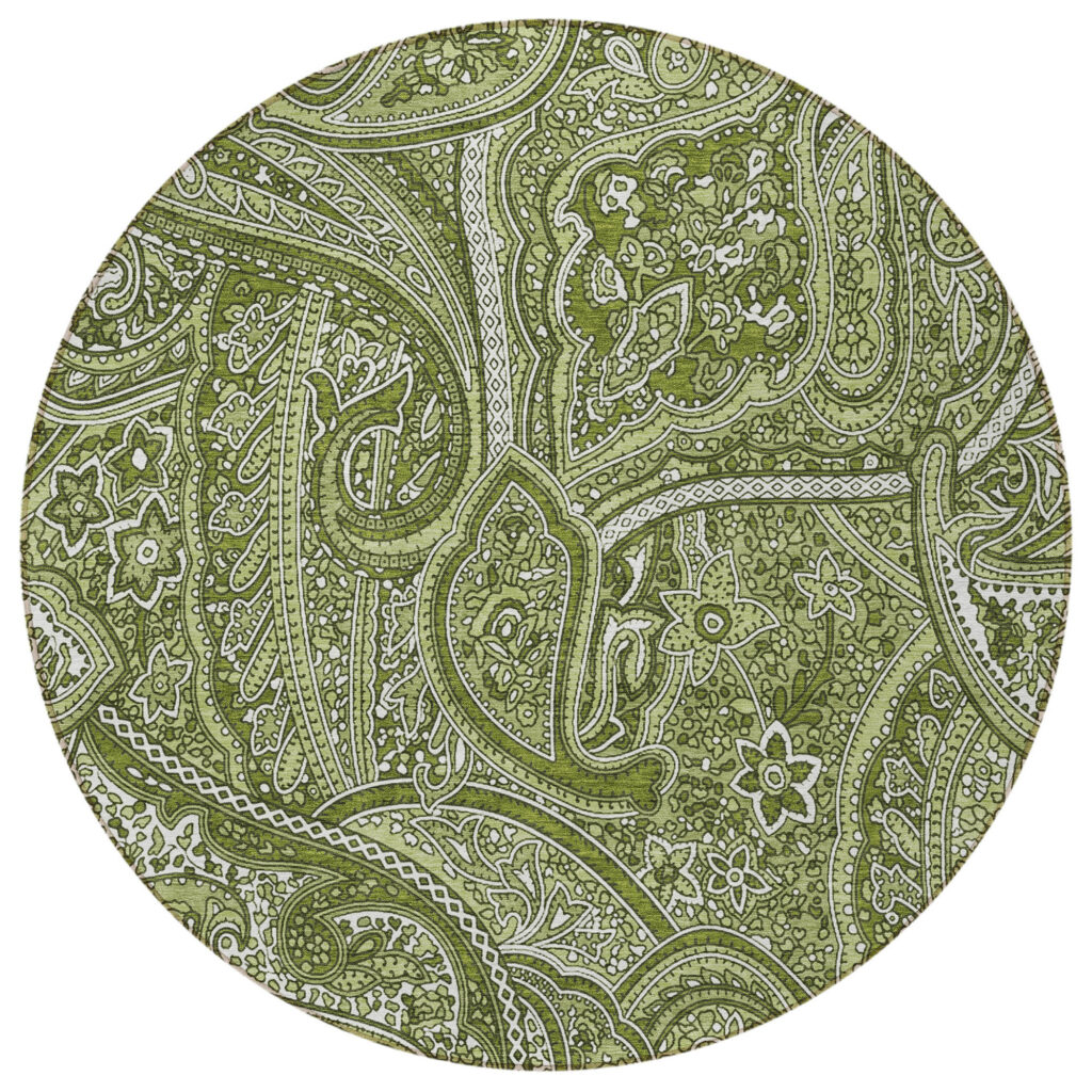 8' Artichoke Green And Olive Green Round Paisley Washable Indoor Outdoor Area Rug