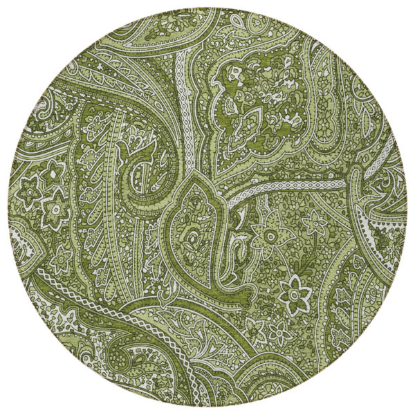 8' Artichoke Green And Olive Green Round Paisley Washable Indoor Outdoor Area Rug