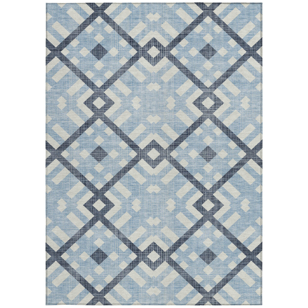 3' X 5' Sky Blue Navy Blue And Ivory Geometric Washable Indoor Outdoor Area Rug