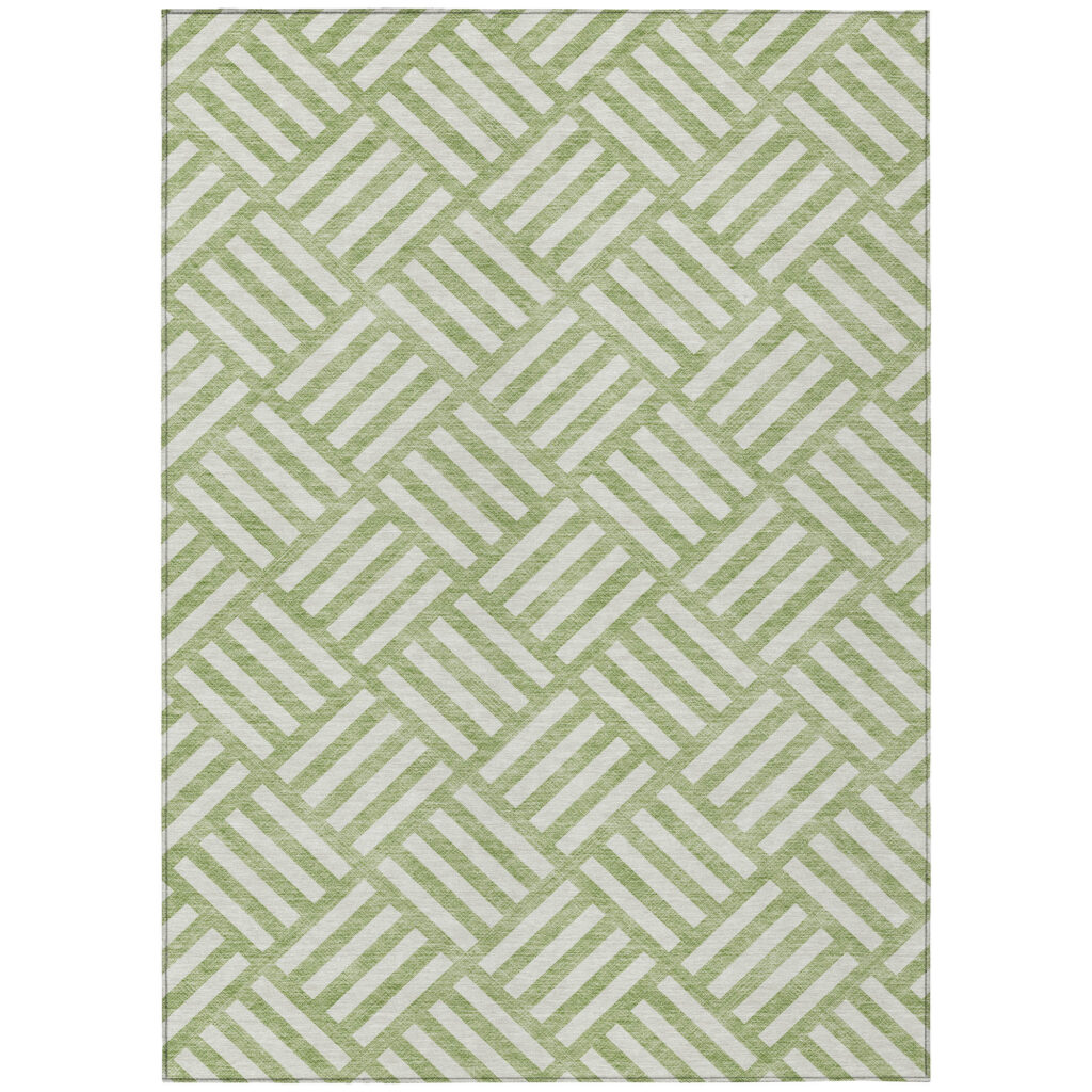 8' X 10' Artichoke Green And Ivory Geometric Washable Indoor Outdoor Area Rug