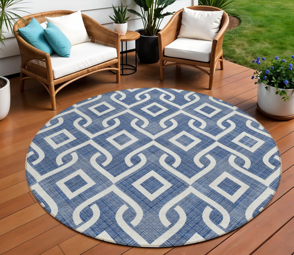 9' X 12' Navy Blue And Ivory Geometric Washable Indoor Outdoor Area Rug