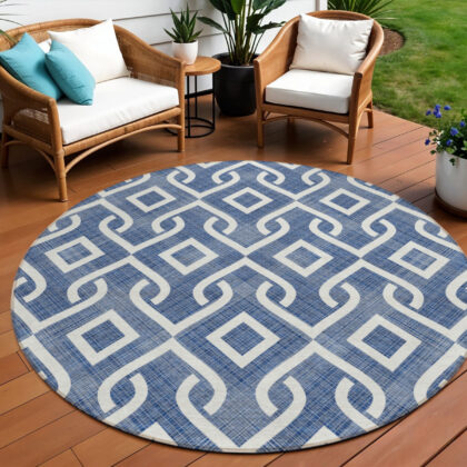 9' X 12' Navy Blue And Ivory Geometric Washable Indoor Outdoor Area Rug