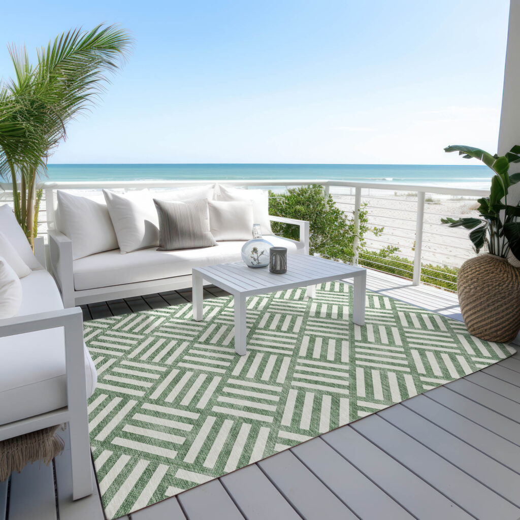 10' X 14' Green And Ivory Geometric Washable Indoor Outdoor Area Rug