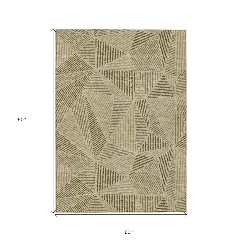 5' X 8' Khaki Brown And Beige Geometric Washable Indoor Outdoor Area Rug