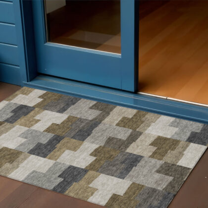 3' X 5' Brown Beige And Ivory Geometric Washable Indoor Outdoor Area Rug