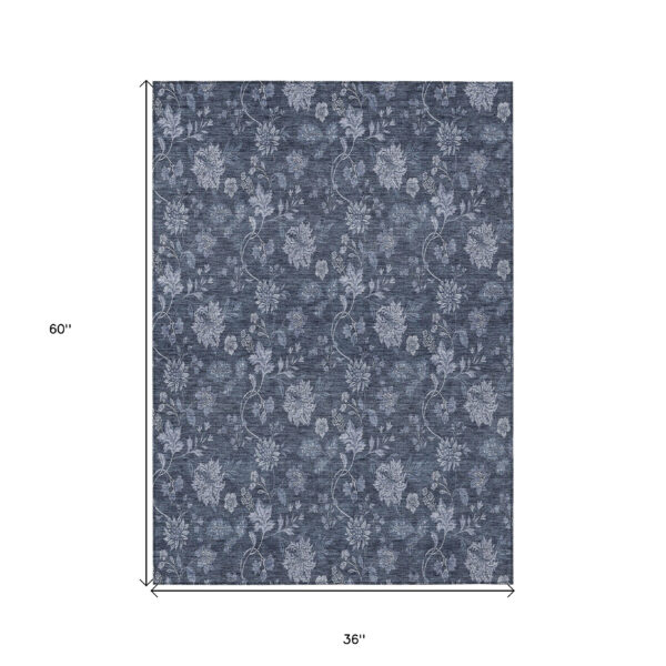3' X 5' Denim Blue And Navy Blue Floral Washable Indoor Outdoor Area Rug