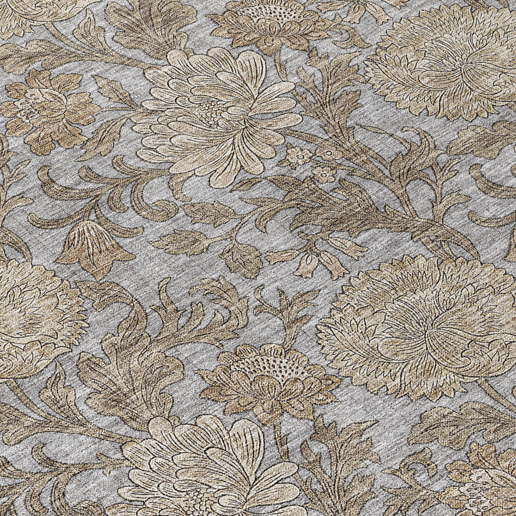 8' X 10' Gray Silver And Taupe Floral Washable Indoor Outdoor Area Rug