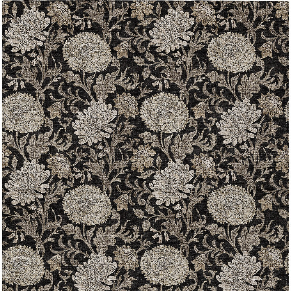 8' X 10' Black Taupe And Beige Floral Washable Indoor Outdoor Area Rug