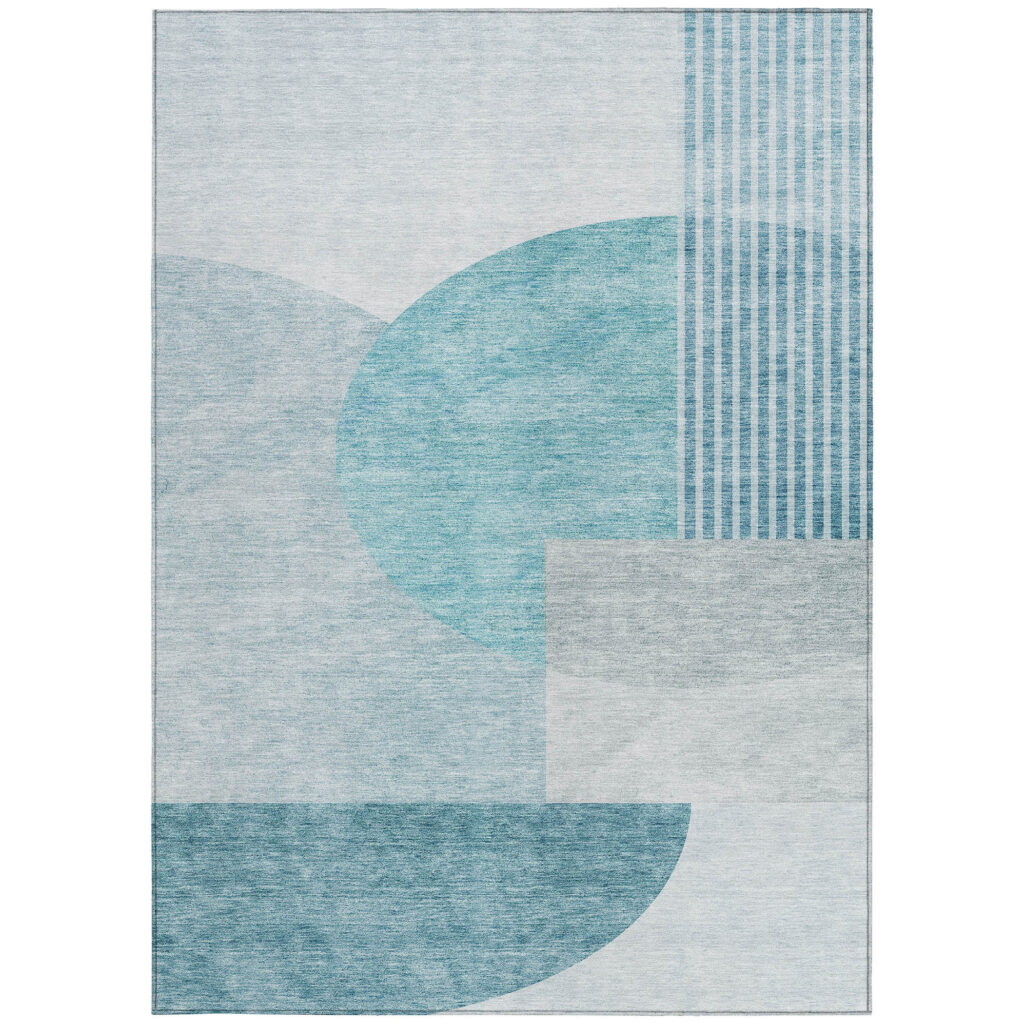 5' X 8' Teal Blue Blue And Silver Geometric Washable Indoor Outdoor Area Rug