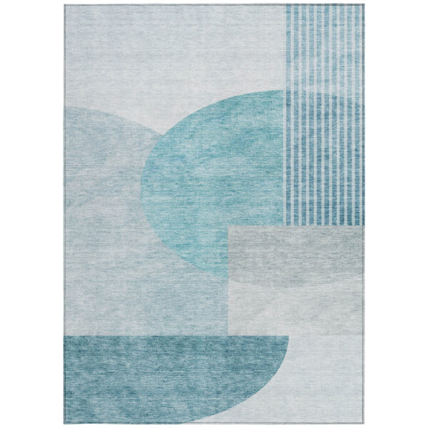 5' X 8' Teal Blue Blue And Silver Geometric Washable Indoor Outdoor Area Rug
