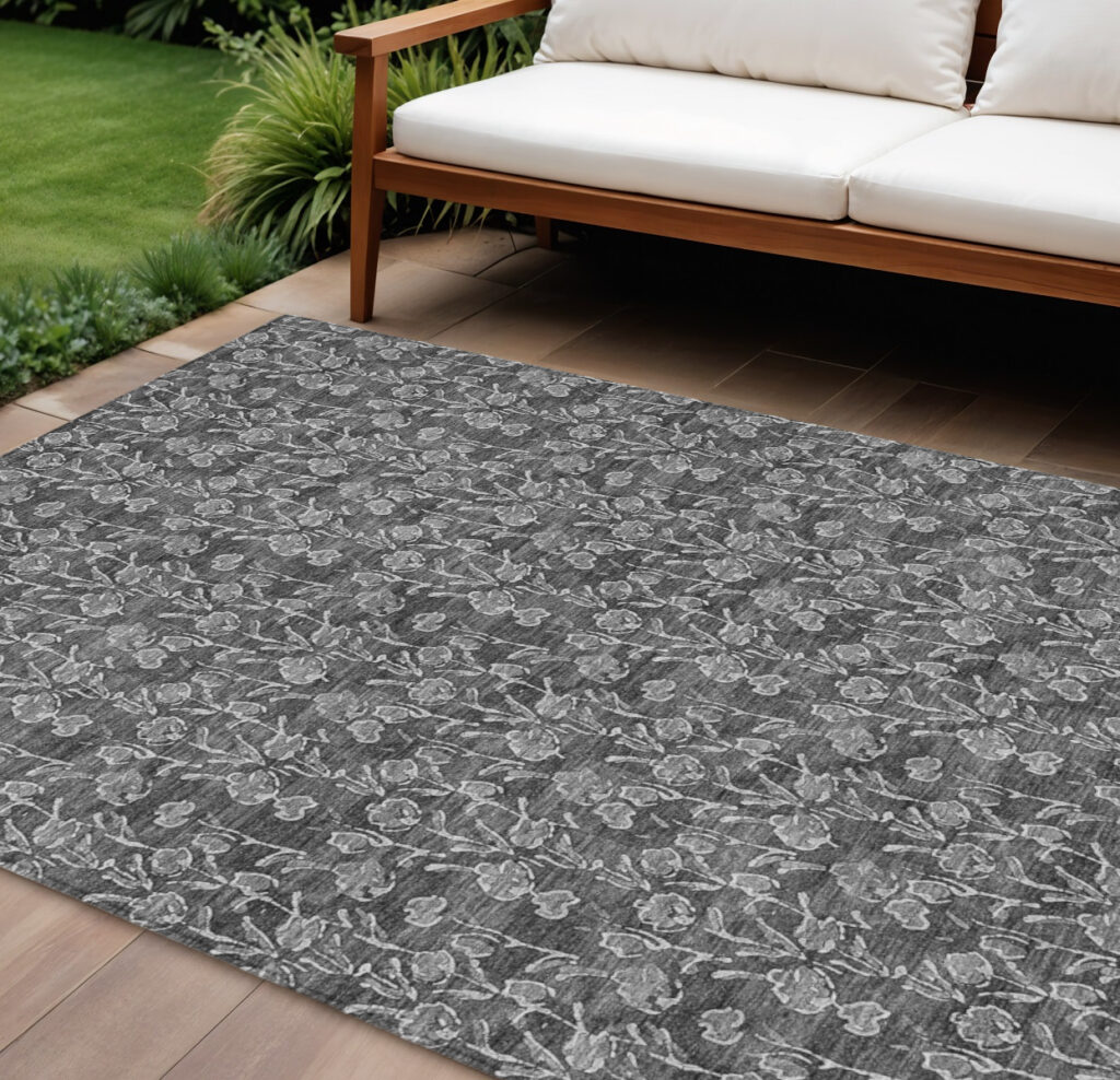 10' X 14' Gray Charcoal And Silver Floral Washable Indoor Outdoor Area Rug