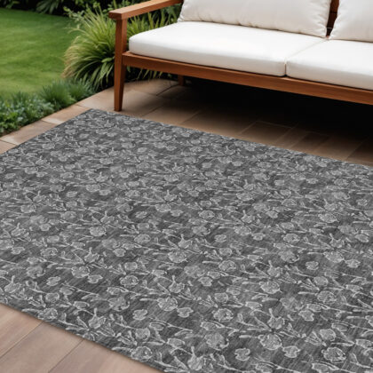 10' X 14' Gray Charcoal And Silver Floral Washable Indoor Outdoor Area Rug
