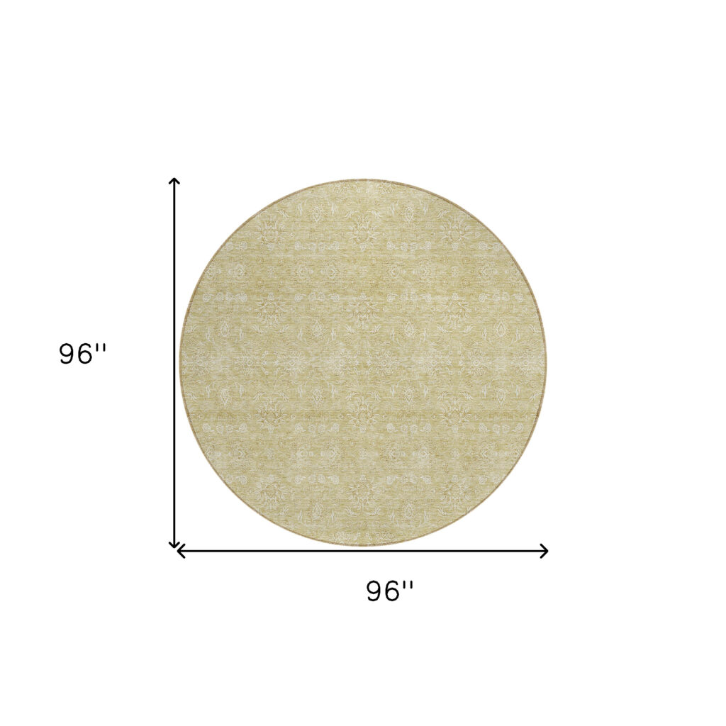 8' Beige Tan And Ivory Round Floral Washable Indoor Outdoor Area Rug