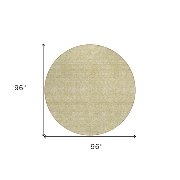 8' Beige Tan And Ivory Round Floral Washable Indoor Outdoor Area Rug