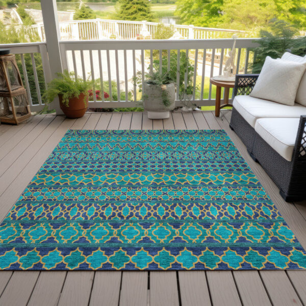 5' X 8' Teal Blue And Navy Blue Quatrefoil Washable Indoor Outdoor Area Rug