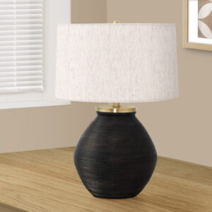25" Black and Gold Concrete Round Table Lamp With Ivory Drum Shade
