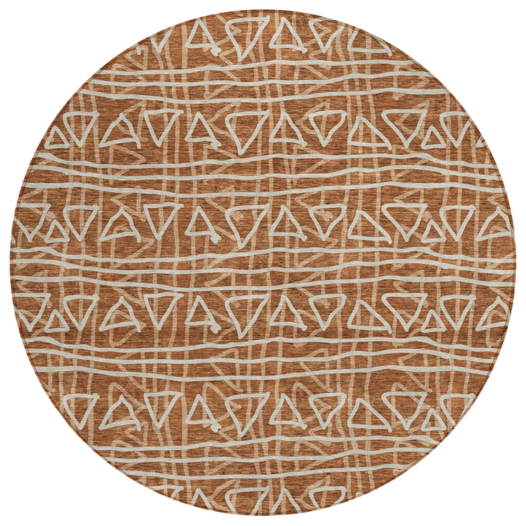8' Terra Cotta Copper And Beige Round Geometric Washable Indoor Outdoor Area Rug